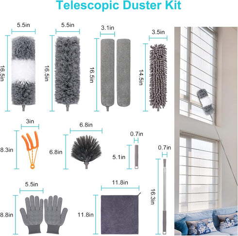 12pcs Microfiber Dusters with Extension Pole (Stainless Steel) 30 to 100'', Washable, Bendable Long Feather Duster for
