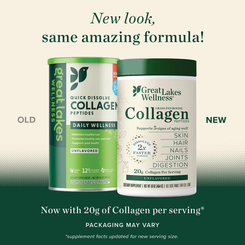 Great Lakes Wellness Collagen Peptides Powder for Skin, Hair, Nails, Joints & Digestion - Unflavored - Quick Dissolve Hydrolyzed, Non-GMO, Keto, Kosher - 16oz - Packaging May Vary