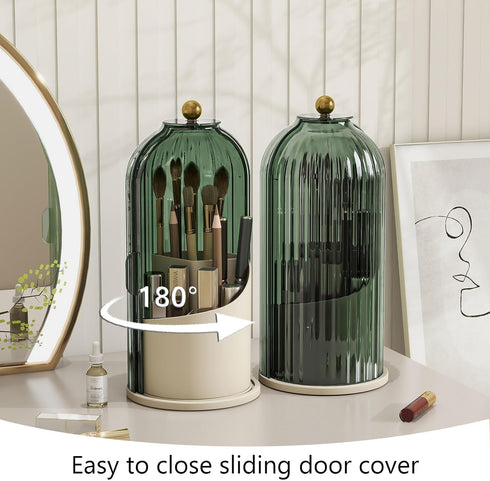 Makeup Brush Holder with Dustproof Cover, 360 Rotating Organizer for Vanity Bathroom (Green)