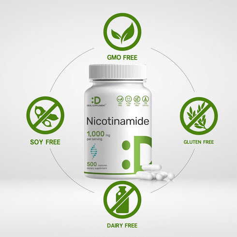 Vitamin B3 Nicotinamide 1,000mg - 500 Capsules, Flush Free Niacin for Healthy Skin & Energy Production, Non-GMO