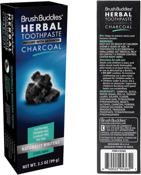 Brush Buddies Herbal Toothpaste with Activated Charcoal, 3.5 oz | Fluoride Free Whitening Charcoal Toothpaste (Pack of