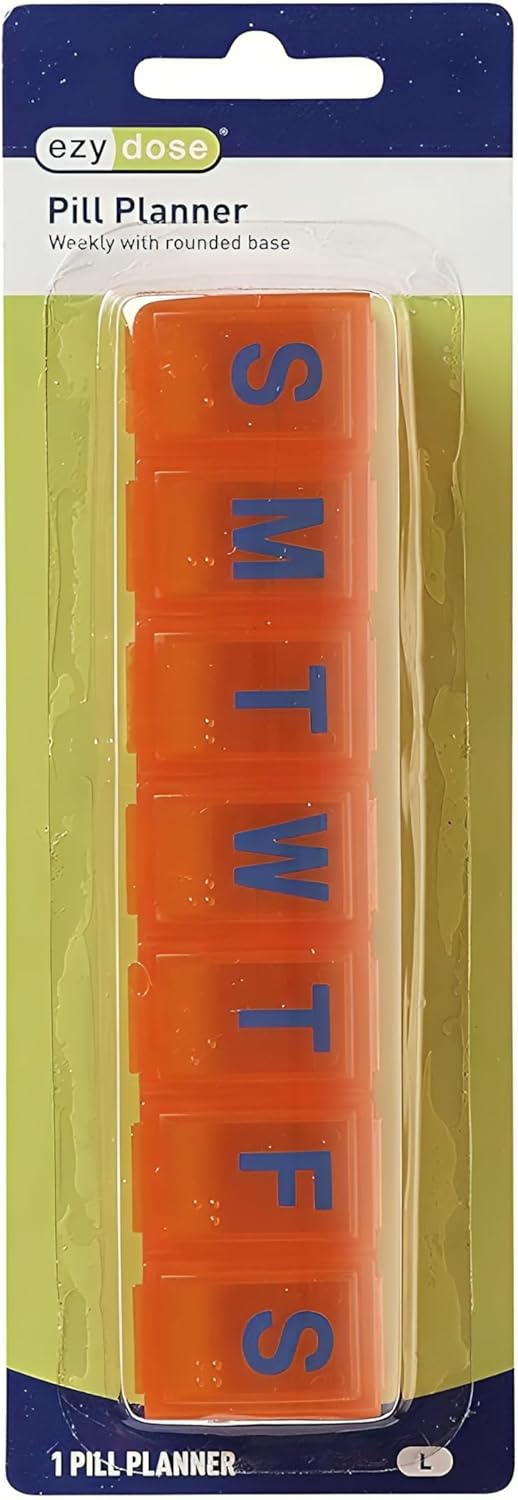 EZY DOSE Weekly (7-Day) Pill Case, Medicine Planner, Large Contoured Compartments, Amber Lids