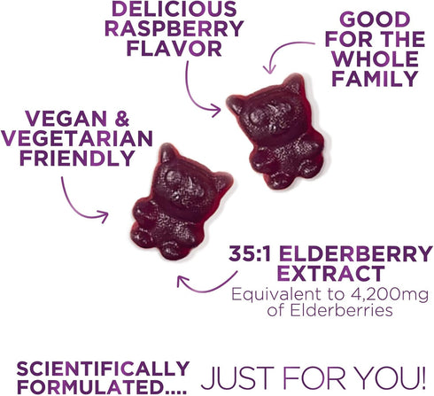 Sambucus Elderberry Gummies for Adults, Teens & Kids - 120 Count, Super Concentrated 35:1 Extract, Daily Immune Support