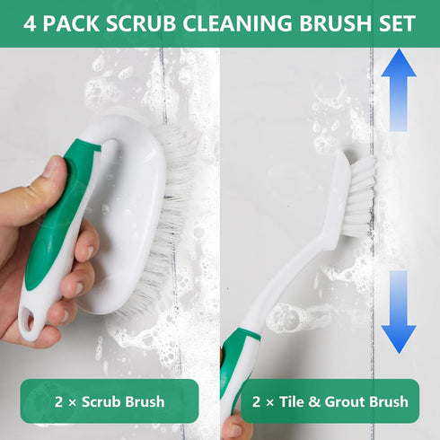 Scrub Brush Kit, 4 Pack Deep Cleaning Brush Set - 2 Scrub Brushes, 2 Tile and Grout Brushes with Scraper