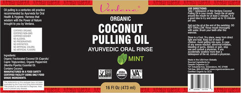 Verdana Organic Coconut Pulling Oil, Big 16 Fl Oz Size, Mint Flavor, USDA Organic Mouthwash for Fresh Breath