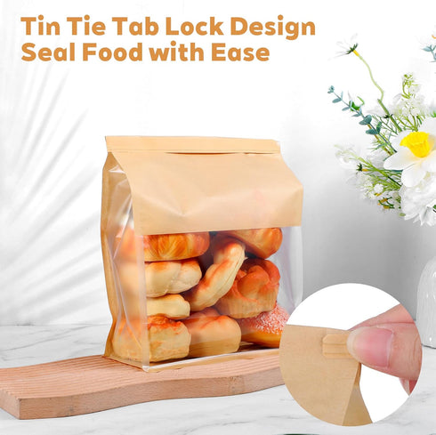 Limbeuuu 100 Packaging 11.2 4.3 8.7 Pcs Heavy Duty Large Paper Bread Bags with Tin Tie Tab Lock, Loaf Bag with Clear