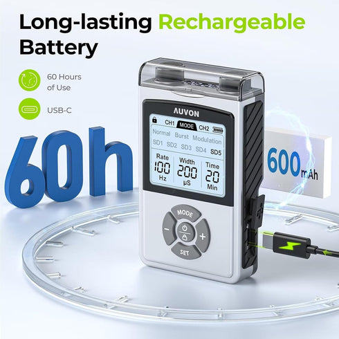 AUVON Rechargeable Digital TENS Unit Muscle Stimulator, 600 mAh Battery, 8 Customizable Modes for Pain Relief