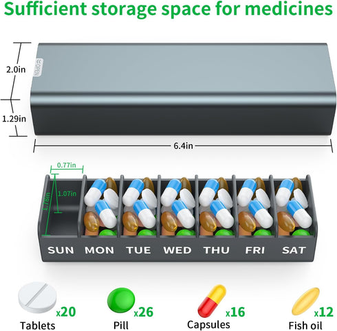 TecQach 7 Metal Weekly Pill Organizer Day,Removable Comparments Daily Pill Box, Travel Pill Case, Large Capacity Cute
