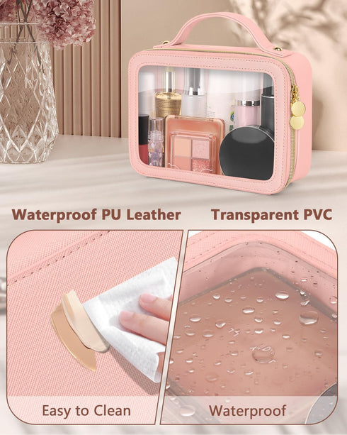 Portable Clear Makeup Bag, Medium Pink Leather Toiletry Bag with Zipper, Waterproof Transparent Cosmetic Organizer for