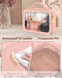 Portable Clear Makeup Bag, Medium Pink Leather Toiletry Bag with Zipper, Waterproof Transparent Cosmetic Organizer for