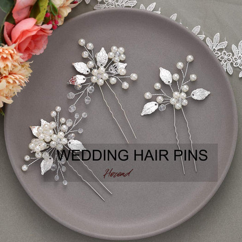 Heread Pearl Bridal Hair Pins Pack of 3 | Leaf Head Piece Flower Hair Accessories for Women and Girls (Silver)
