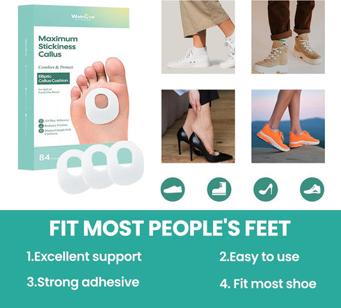 Welnove 84pcs Callus Pad with Water-Resistant Adhesive, Protects Foot, Heel and Toes from Rubbing, Pain Relief - White