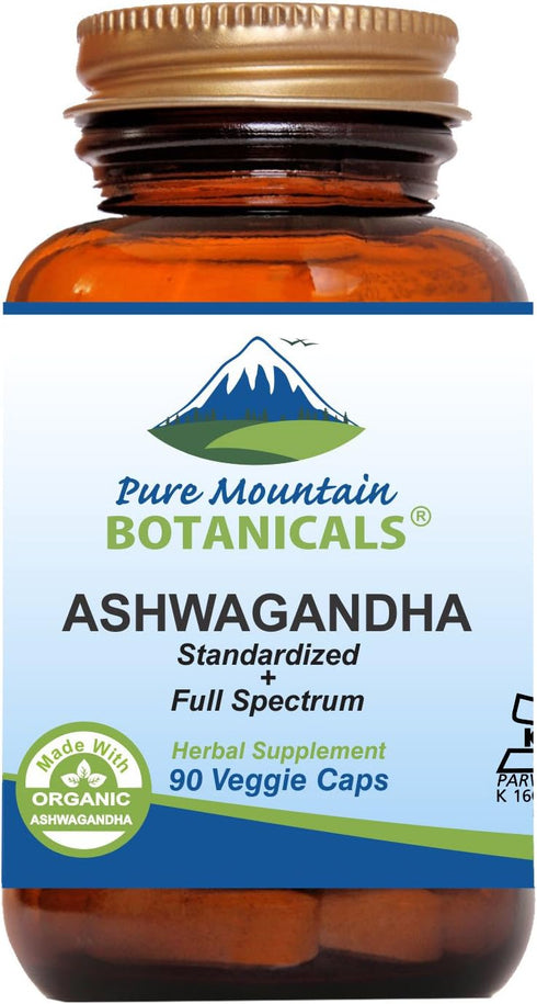 Pure Mountain Botanicals Ashwagandha Capsules - 90 Kosher Vegan Caps with 475mg Organic Ashwagandha