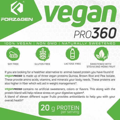 Forzagen Vegan Protein 360, 2 Lbs, 27 Servings, Plant Based Protein from Quinoa, Brown Rice, Pea Isolate, Vanilla