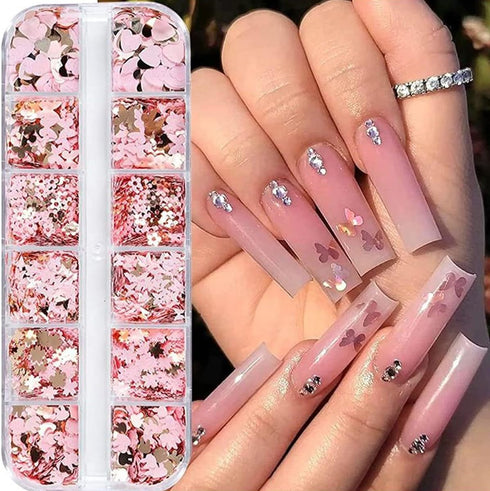 12Grids Valentine's Day Nail Glitter Sequins, Holographic Gold Pink Heart Nail Art Glitter Flakes for Acrylic Nail Decor