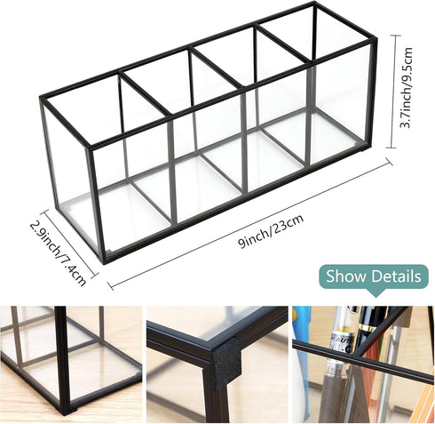 Clear Glass Makeup Brush Organizer,Luxurious Tempered Glass Cosmetics Brushes Storage Holder for Refined Bathroom Decor (Black, 4 Sections) by ELEGANTLIFE