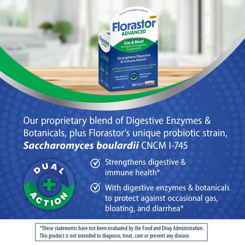 Florastor Advanced Gas & Bloat Probiotic and Digestive Supplement – Digestive Enzymes and Botanicals, Plus Probiotics for Digestive Health – 30 Capsules