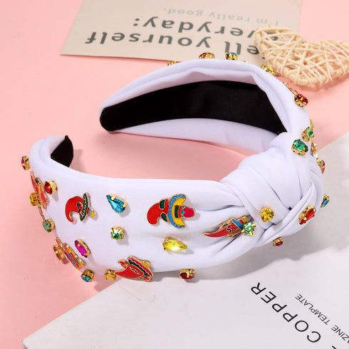 Mexican Headband for Women, Cinco De Mayo Beaded Fiesta Knotted Crystal Headband Holiday Accessories