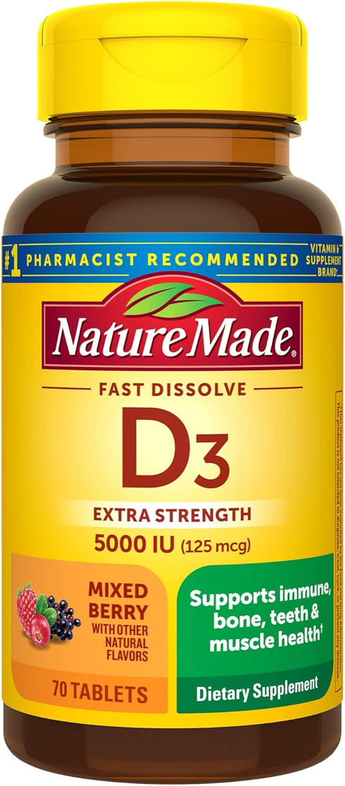 Nature Made Extra Strength Vitamin D3 5000 IU - 70 Sugar Free Fast Dissolve Tablets for Immune Health