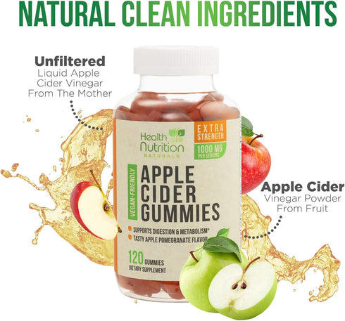 Vegan Apple Cider Vinegar Gummies, 120 Gummies, Max Strength 1000mg, Supports Digestion, Gluten Free