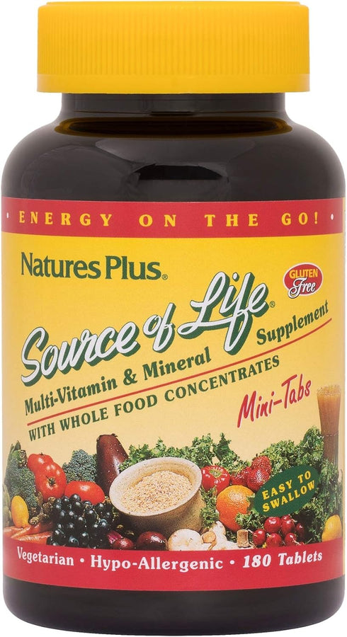Natures Plus Source of Life Mini-Tabs, 180 Vegetarian Mini Tablets, Whole Food Multivitamin with Chelated Minerals