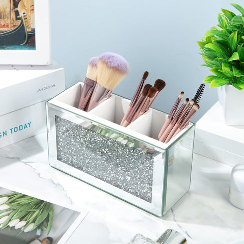 Tanlade 2 Pcs Mirrored Makeup Brush Holder, Crushed Diamond Crystals Organizer for Vanity and Desk