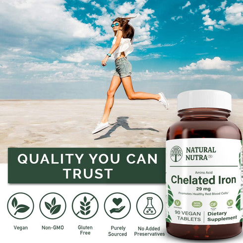 Natural Nutra Chelated Iron Supplement for Men & Women, 90 Tablets for Nails, Skin, Hair Health, Gluten Free