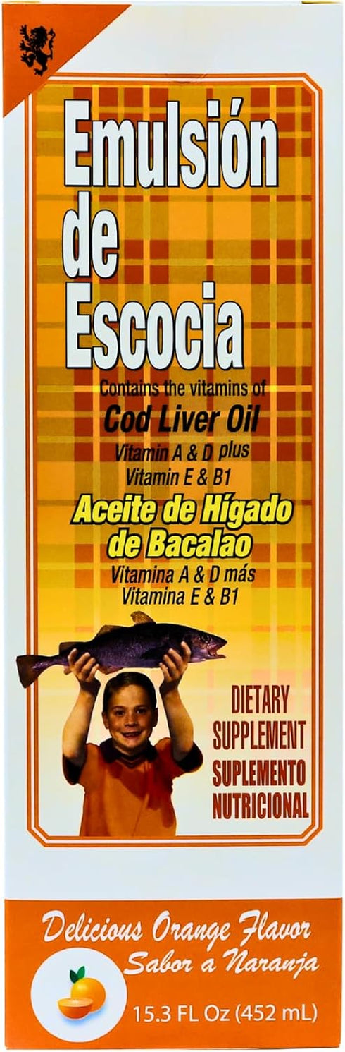 EMULSION DE ESCOCIA Cod Liver Oil, Dietary Supplement, Vitamins A, B1, D, E, Orange Flavor (15.3 Fl Oz)