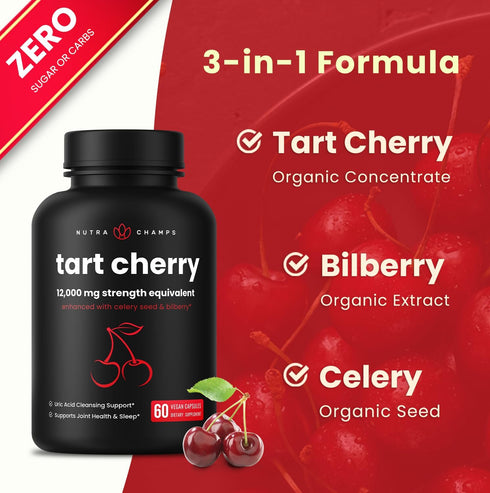 NutraChamps Organic Tart Cherry Extract Capsules 12,000mg - Uric Acid Cleanse & Joint Support, Vegan, Montmorency