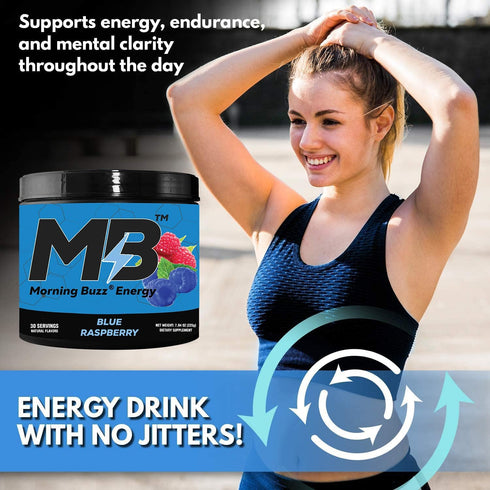 Morning Buzz Energy Drink Powder, Sugar-Free Energy Boost Drink Mix with Antioxidants, Blue Raspberry, 30 Servings, 8