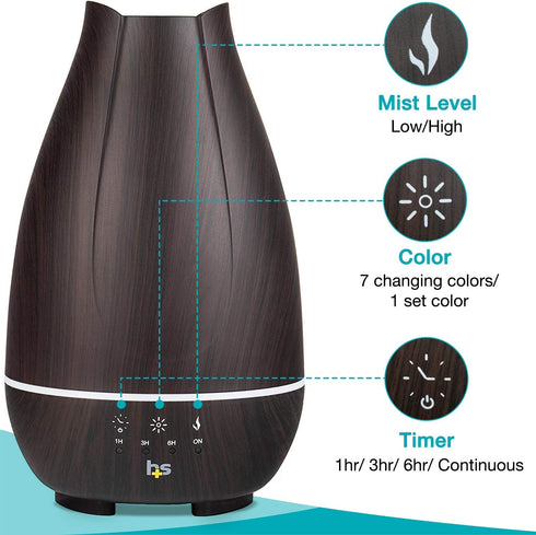 HealthSmart Essential Oil Diffuser, Cool Mist Humidifier with 500ML Tank, Adjustable Timer, 7 LED Light Colors