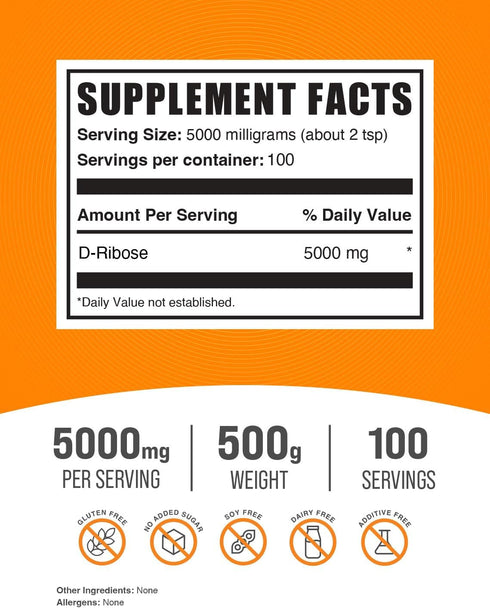 BulkSupplements.com D-Ribose Powder - D-Ribose Supplement, 5000mg for Energy Support, 500g (1.1 lbs)