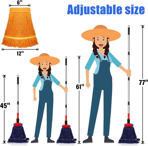 Commercial Mop Heavy Duty Industrial Mop with 77inch Long Handle, Looped-End String Wet Mop with 2 Mop Heads for Home, Garage, Office Floor Cleaning (Blue-Orange)
