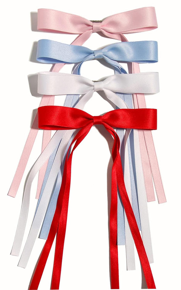 Women's Hair Clips with Tassels, 4pcs Barrettes Claw Clips with Ribbon Bowknot & Long Tails (Pink, Light Blue, White,