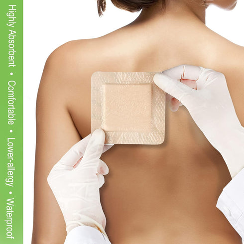 NeuHeils Silicone Adhesive Foam Dressing with Gentle Border 4''x4'' for Bed Sore Leg Ulcer, 10 Pack, High Absorbency