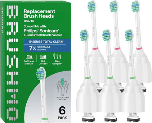 Brushmo e-Series Total Clean Replacement Toothbrush Heads, 6 Medium Firm Dupont Bristles, Compatible with Philips