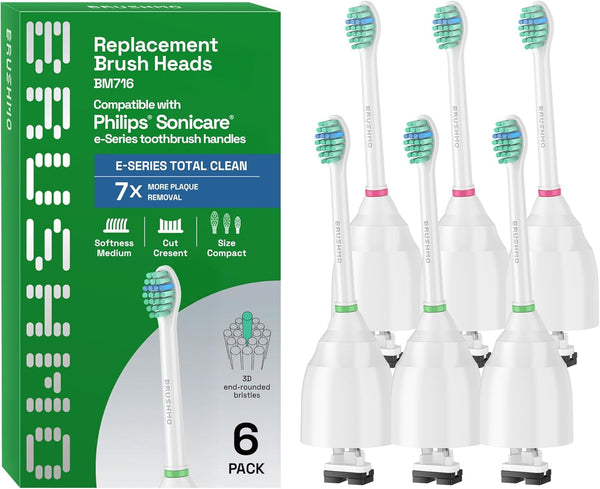 Brushmo e-Series Total Clean Replacement Toothbrush Heads, 6 Medium Firm Dupont Bristles, Compatible with Philips