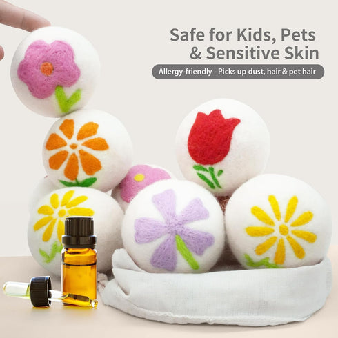 Qiseec 6-Pack Wool Dryer Balls XL - Unique Petal Embroidery, Natural Reusable Laundry Fabric Softener, Reduces Wrinkles