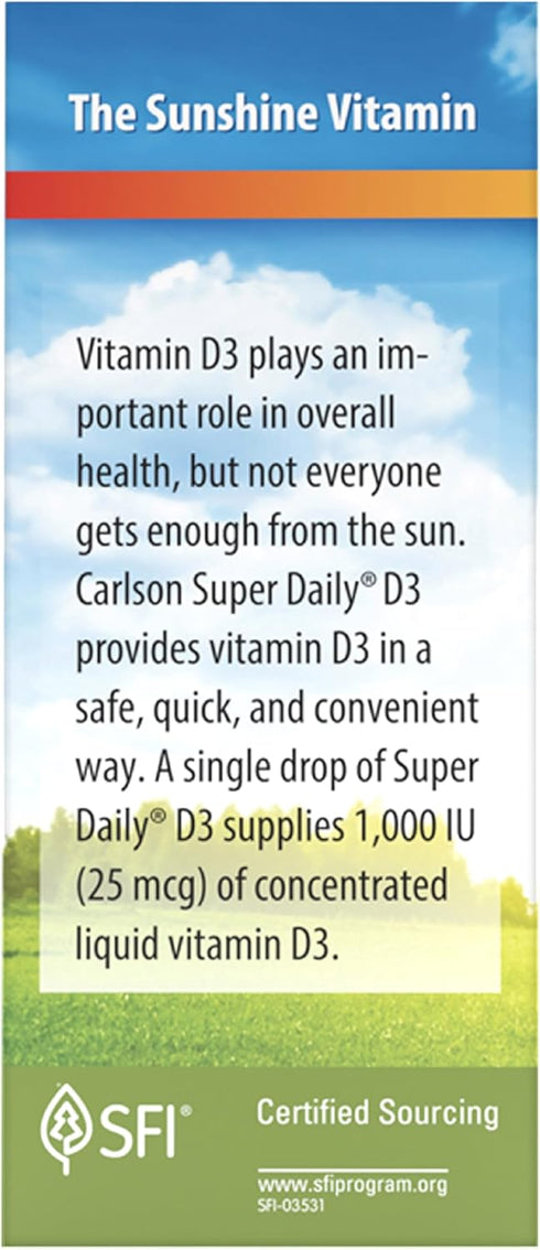 Carlson Super Daily D3, Vitamin D Drops, 1,000 IU per Drop, 1-Year Supply, 365 Drops