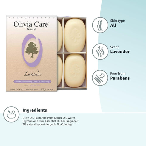 Olivia Care Lavender Bar Soap - 4 Pack Box Set, 100% Natural, Vegan, Hydrating for Face & Body