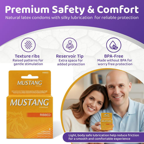 Mustang Condoms 3 Count Pack Mustang Ribbed Latex Condoms, Premium Natural Latex, Textured for Extra Stimulation