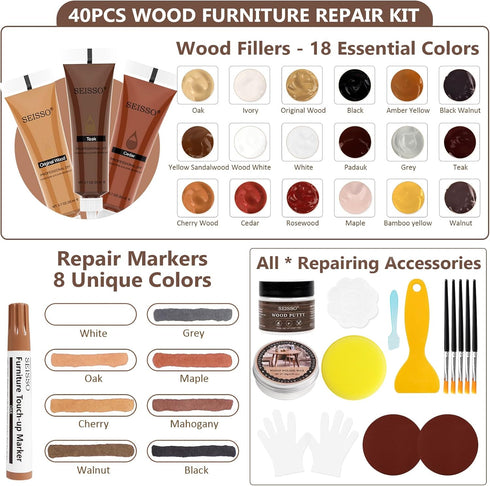 Wood Furniture Repair Kit, 40 Sets, 18 Colors Wood Filler Putty and 8 Touch Up Markers for Scratches and Holes