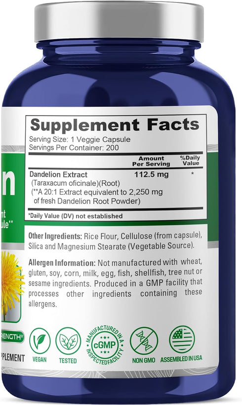NusaPure Dandelion Root 20:1 Extract, 112.5mg Equivalent to 2,250mg, 200 Veggie Capsules, Non-GMO