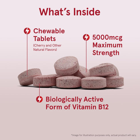 Jarrow Formulas Maximum Strength Methyl B-12 5000 mcg - Dietary Supplement - 90 Cherry Flavored Chewable Tablets