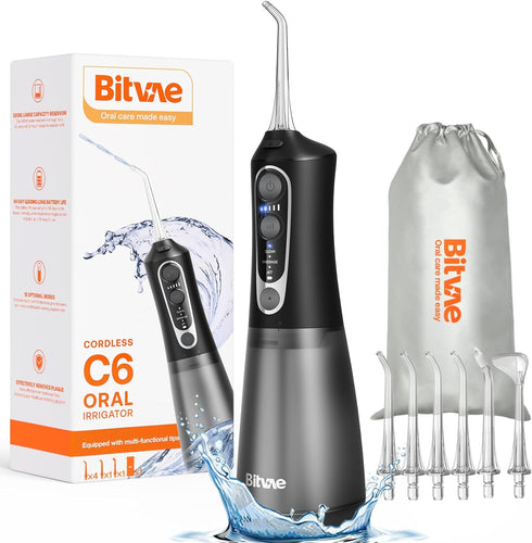 Bitvae C6 Water Flossers for Teeth, Cordless Dental Flosser with 6 Jet Tips, 3 Modes, IPX7 Waterproof, Black