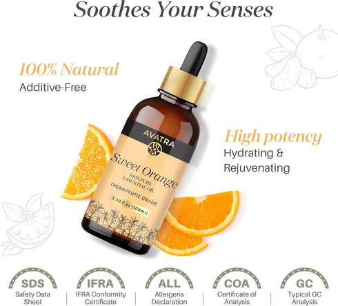 Avatra Orange Essential Oil for Diffuser, Skin, Aromatherapy | Natural & Undiluted | 3.38 Fl Oz with Glass Dropper