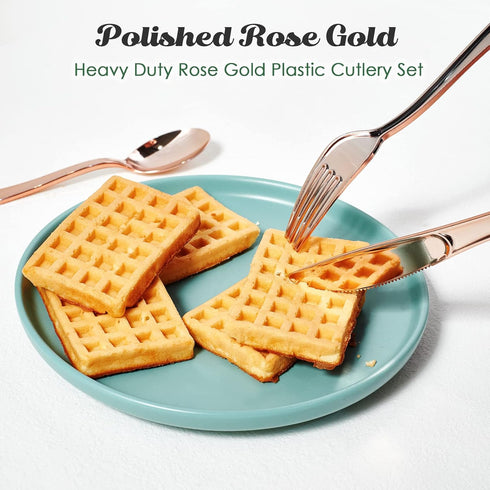 FOCUSLINE 75 Pack Rose Gold Plastic Silverware Set, 25 Forks, 25 Knives, 25 Spoons, Heavy Duty Disposable Cutlery