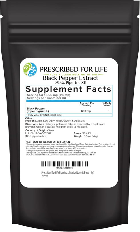 Prescribed For Life Piperine Powder, 95% Black Pepper Extract, Gluten Free, Vegan, Natural Antioxidant (0.5oz / 14g)