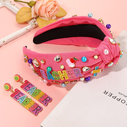 Teacher Headbands for Women, Beaded Pencil Knotted Headband with Crystal Rhinestones for Appreciation Gifts