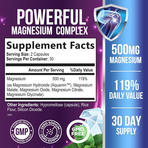 Magnesium Complex Supplement 500mg with Glycinate, Oxide, Malate, Citrate - High Absorption Chelated Magnesium Capsules for Muscle, Heart, Bone, Nerve Support for Women and Men - 60 Capsules